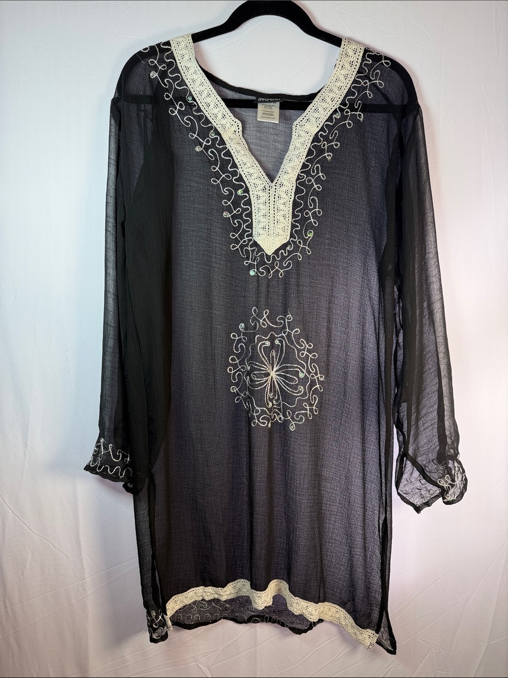 Black Sheer Embroidered Kaftan Tunic with Cream Trim